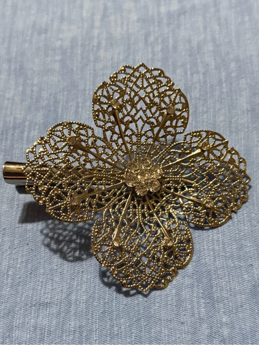 Silver Filigree Flower Hair Clip with Crystal Center